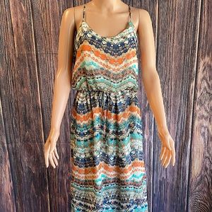 City Triangles aqua tan & orange pattern summer flowy maxi dress size Large